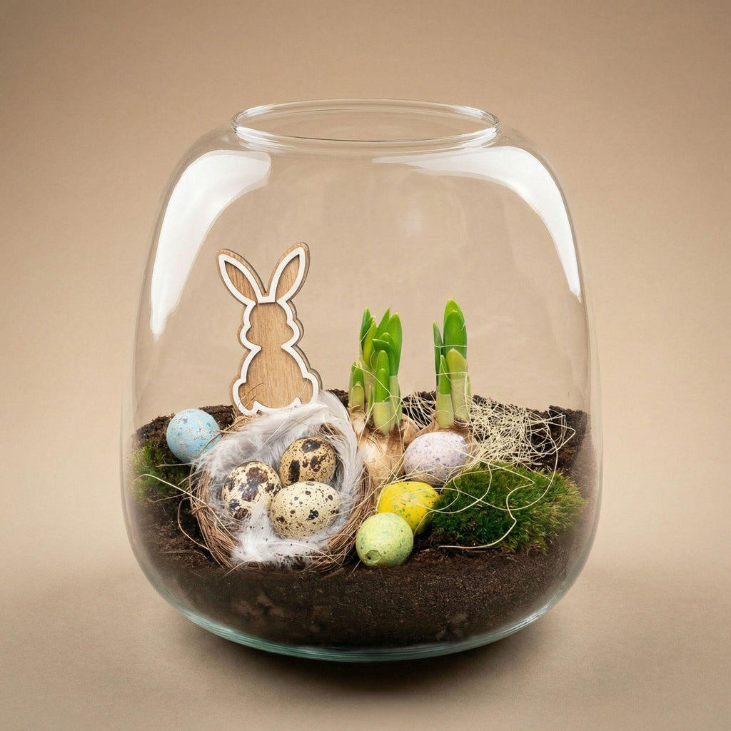 Emma Oster Flaschengarten DIY Kit – offenes Terrarium Ø23cm Höhe 25cm – Mini Garten im Glas mit Narzisse Tête-à-Tête & Kalanchoe – inkl Moos Erde Hydrokugeln Aktivkohle & Osterdeko