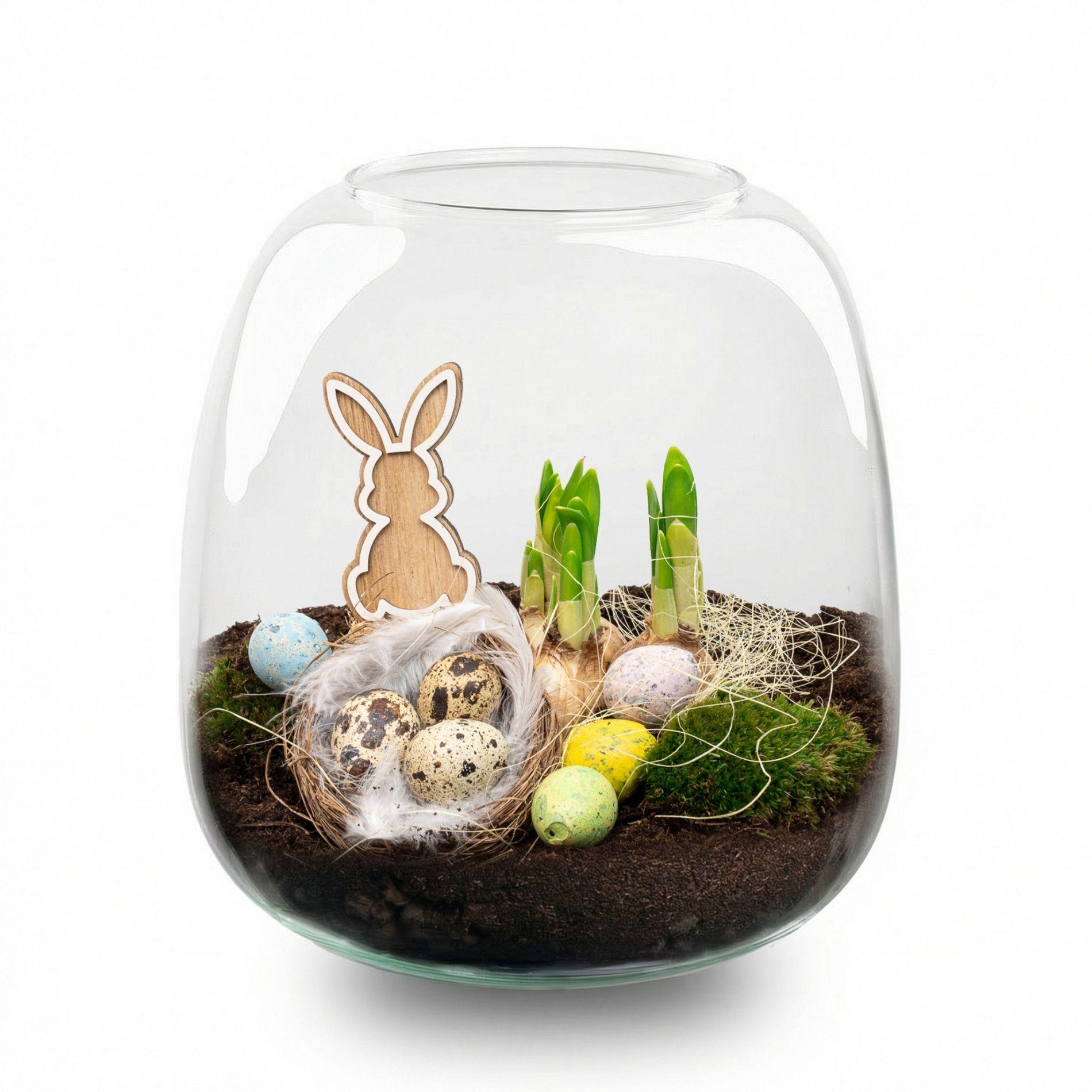 Emma Oster Flaschengarten DIY Kit – offenes Terrarium Ø23cm Höhe 25cm – Mini Garten im Glas mit Narzisse Tête-à-Tête & Kalanchoe – inkl Moos Erde Hydrokugeln Aktivkohle & Osterdeko